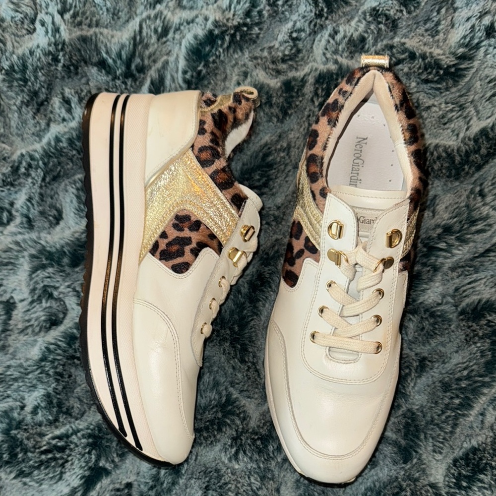 NeroGiardini Women's Leopard Cream and Gold Sneakers